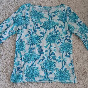 Lilly Pulitzer Womens Large Blue Floral Print 3/4 Sleeve Cotton Stretch Top